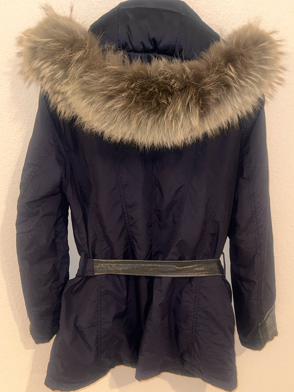 Intuition Paris Raccoon Hooded Coat with Leather Trim in Navy - Picture 2 of 10